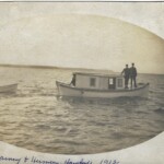 Joe Charney, Sr. (Center Right) and Herman Hawkey (Far Right) Fishing for Whitefish and Trout out of Rowleys Bay around 1912 using 3200 Hooks. 2019.066.023a.
